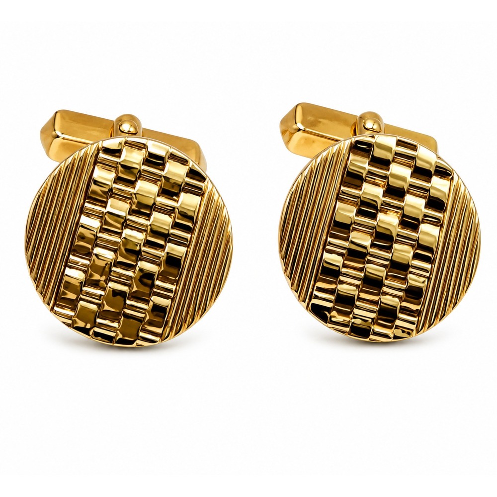 Swank Men's Round Textured Geometric Gold Tone Basket Weave Cufflink Set